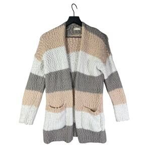 Altar'd‎ State S/M Striped Open Front Cardigan Sweater Tan Gray White Cozy